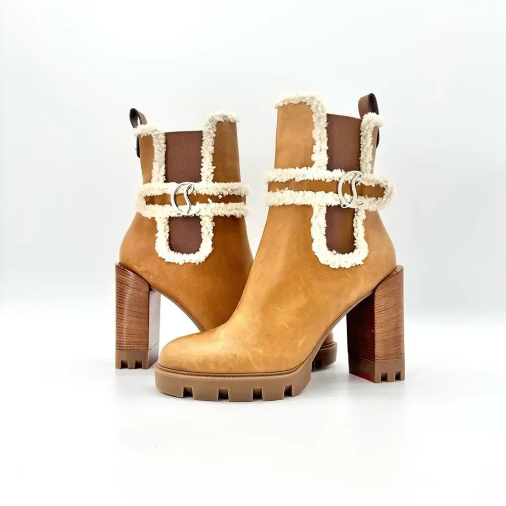 Christian Louboutin Chelsea Lug 100 Shearling High Heel Ankle Boots 41 - Picture 2 of 9